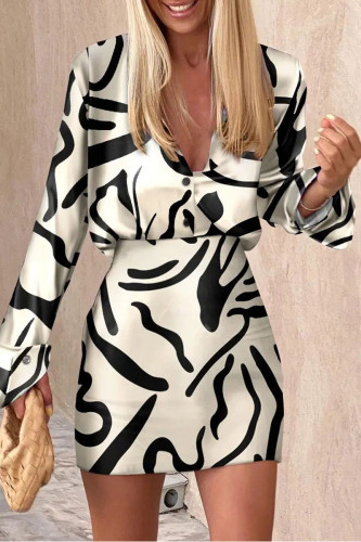 Black Sexy Casual Work Print Buttons V Neck Long Sleeve Two Pieces