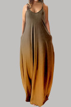 アースイエロー カジュアル シンプル 徐々に変化する ソリッドカラー スパゲッティ ストラップ ストレート ドレス