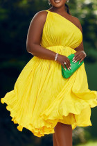Желтые повседневные однотонные лоскутные платья трапециевидной формы с косым воротником и складками