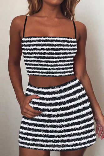Grey Sexy Street Striped Printing Spaghetti Strap Sleeveless Two Pieces
