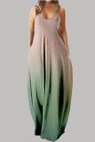 ダークグリーン カジュアル シンプル 徐々に変化する ソリッドカラー スパゲッティ ストラップ ストレート ドレス