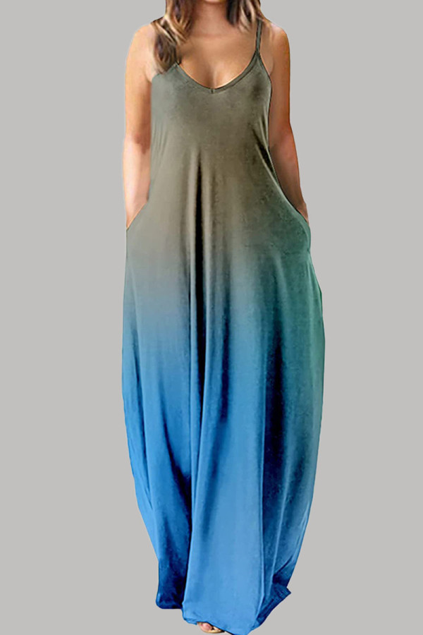 ウォーターブルー カジュアル シンプル 徐々に変化する ソリッドカラー スパゲッティ ストラップ ストレート ドレス