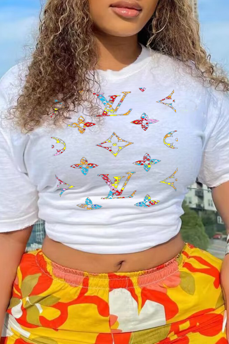 

White Casual Daily Print Patchwork O Neck T-Shirts