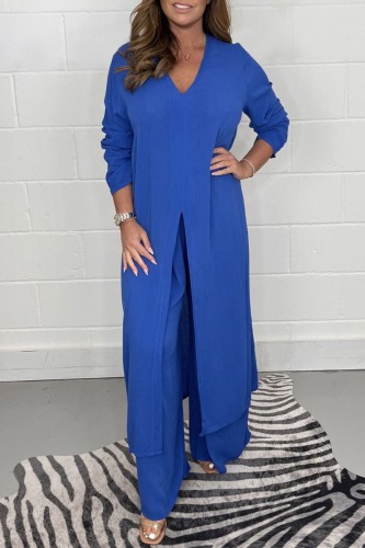 Blue Casual Solid Slit V Neck Long Sleeve Two Pieces