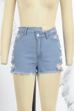 Pantalones cortos de mezclilla flacos de cintura alta de patchwork rasgado sólido informal azul claro