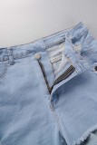 Shorts jeans skinny azul claro liso casual rasgado patchwork cintura alta