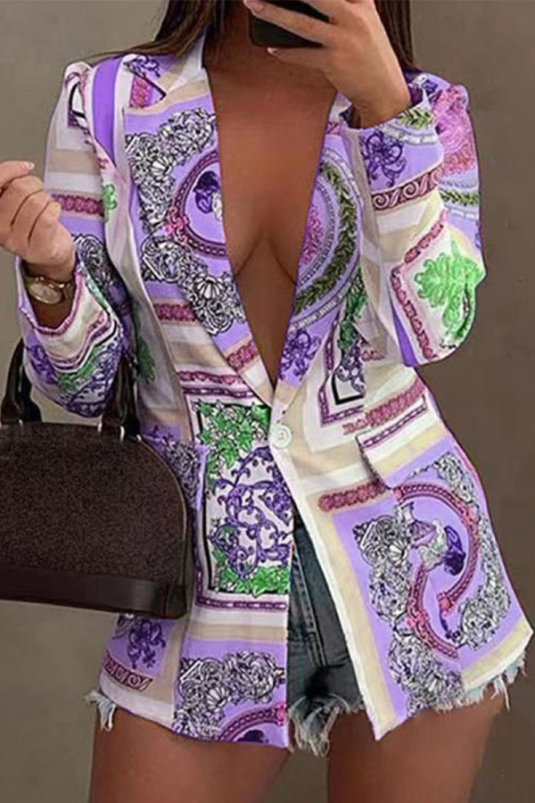 Фиолетовый сексуальный повседневный уличный принт в стиле пэчворк с воротником на пуговицах и верхней одеждой