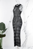 Vestido longo preto sexy liso vazado transparente com decote em O