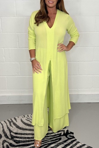 Yellow Casual Solid Slit V Neck Long Sleeve Two Pieces
