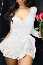White Sexy Solid Bandage Hollowed Out Patchwork Asymmetrical Asymmetrical Collar Regular Rompers