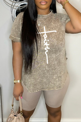 Dark Gray Casual Print Basic O Neck Short Sleeve Two Pieces