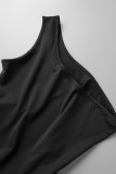 黒のセクシーなパッチワーク バックレス コントラスト ワンショルダー ノースリーブ ドレス ドレス
