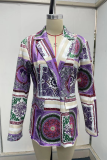 Purple Sexy Casual Street Print Patchwork Buttons Turn-back Collar Outerwear