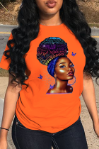 T-shirt O Neck patchwork con stampa vintage giornaliera arancione