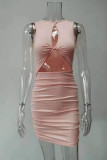 ピンクのセクシーなパーティーソリッド中空フォールドOネックワンステップスカートドレス
