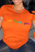 T-shirts décontractés orange à col rond et patchwork imprimé rue