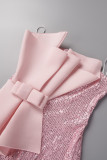Розовые сексуальные вечерние платья в стиле пэчворк с блестками и открытой спиной без бретелек