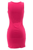 Розово-красное повседневное платье с буквенным принтом, базовое платье с U-образным вырезом, платья