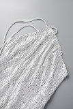 ホワイト セクシー ソリッド スパンコール パッチワーク スリット ホルター イブニングドレス ドレス