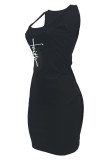 Zwarte casual print basic U-hals vest jurkjurken
