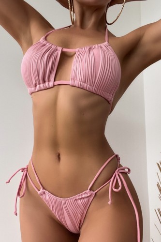 Pink Sexy Solid Bandage Backless Swimwears (With Paddings)