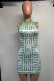 Green Casual Street Print Patchwork O Neck One Step Skirt Dresses