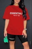 Red Casual Print Letter O Neck Short Sleeve Two Pieces