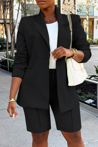 Black Casual Solid Basic Two Lapel Long Sleeve Two Pieces