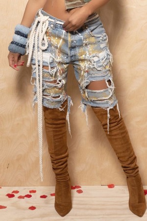 Light Blue Casual Splash Ink Print Mid Waist Regular With Belt Distressed Ripped Denim Shorts (Subject To The Actual Object)