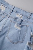 Light Blue Casual Solid Patchwork High Waist Distressed Skinny Ripped Denim Shorts