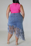 Light Blue Casual Solid Tassel Patchwork Asymmetrical High Waist Straight Solid Color Plus Size Denim Shorts