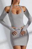 Grey Sexy Celebrities Solid Hollowed Out Halter Wrapped Skirt Dresses