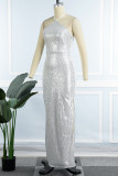 ホワイト セクシー ソリッド スパンコール パッチワーク スリット ホルター イブニングドレス ドレス