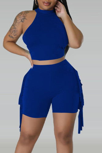 Blue Casual Solid Tassel Patchwork O Neck Sleeveless Two Pieces