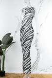 Черные сексуальные полосатые принты с выдолбленными лоскутными асимметричными круглым вырезом платья с юбкой в ​​один шаг
