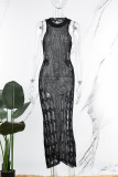 Черное сексуальное однотонное прозрачное длинное платье с круглым вырезом