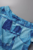 Azul casual impressão fenda gola oblíqua manga curta duas peças