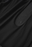 黒のセクシーなパッチワークくり抜きシースルーハーフタートルネック長袖ドレス