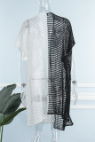 Cardigã transparente preto e branco patchwork sexy vazado para cobrir roupas de banho