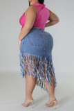 Light Blue Casual Solid Tassel Patchwork Asymmetrical High Waist Straight Solid Color Plus Size Denim Shorts