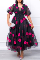Zwarte elegante print patchwork V-hals A-lijn jurken
