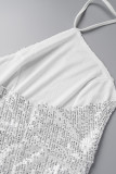 Белое сексуальное вечернее платье с блестками и блестками в стиле пэчворк с разрезом на шее