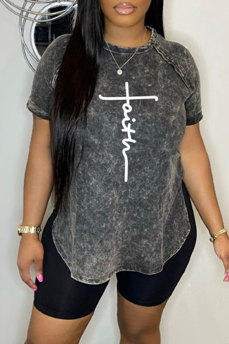 Black Casual Print Basic O Neck Short Sleeve Two Pieces