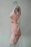 ピンクのセクシーなパーティーソリッド中空フォールドOネックワンステップスカートドレス