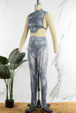 Grey Sexy Print Bandage Patchwork Half A Turtleneck Sleeveless Two Pieces