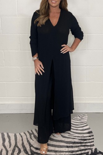 Black Casual Solid Slit V Neck Long Sleeve Two Pieces