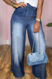Deep Blue Casual Solid Bandage Patchwork High Waist Straight Wide Leg Denim Jeans