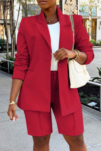 Red Casual Solid Basic Two Lapel Long Sleeve Two Pieces