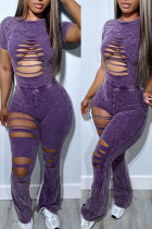 Purple Sexy Solid Hollowed Out Patchwork O Neck Short Sleeve Two Pieces Crop Top and Slim Pants Set