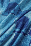 Azul tibetano casual estampado hendidura cuello oblicuo manga corta dos piezas